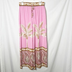 NEW w tags Women's Maison d'Amélie M Pink Brown Palm Tree Wide Leg SatinPants